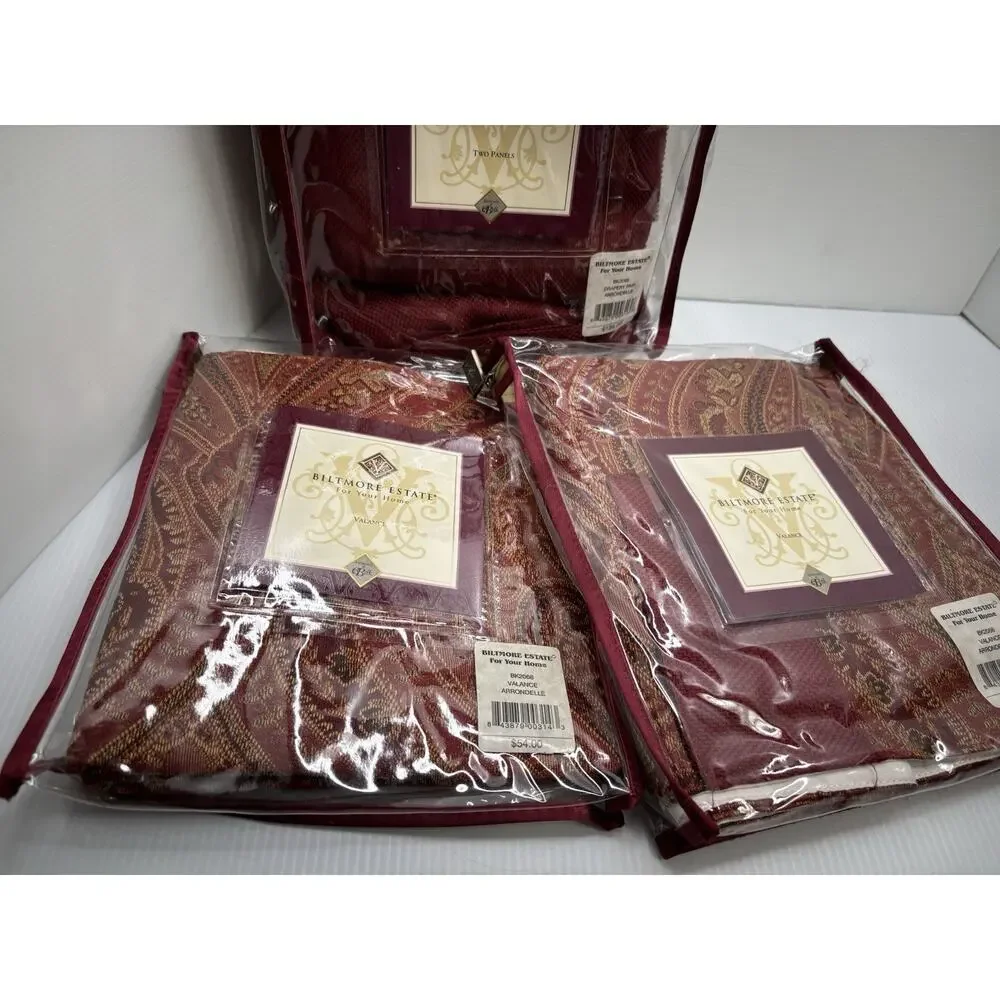 Lot Of New Biltmore Curtain Panels (2) & 2 Valances Burgundy & Gold 48x84”